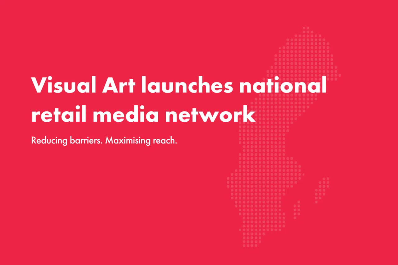 Red graphic with white text reading “Visual Art launches national retail media network” and subheading “Reducing barriers. Maximising reach.” A dotted silhouette of Sweden appears on the right side.